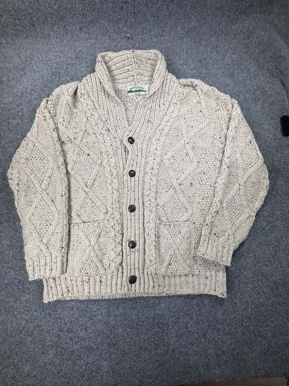 Aran Crafts 100% Merino Wool Cable Knit Shawl Collar Cardigan Sweater XL Oatmeal